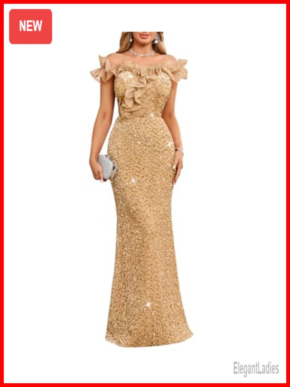 Sequin Off Shoulder Ruffle Mermaid Formal Evening Gown Dress